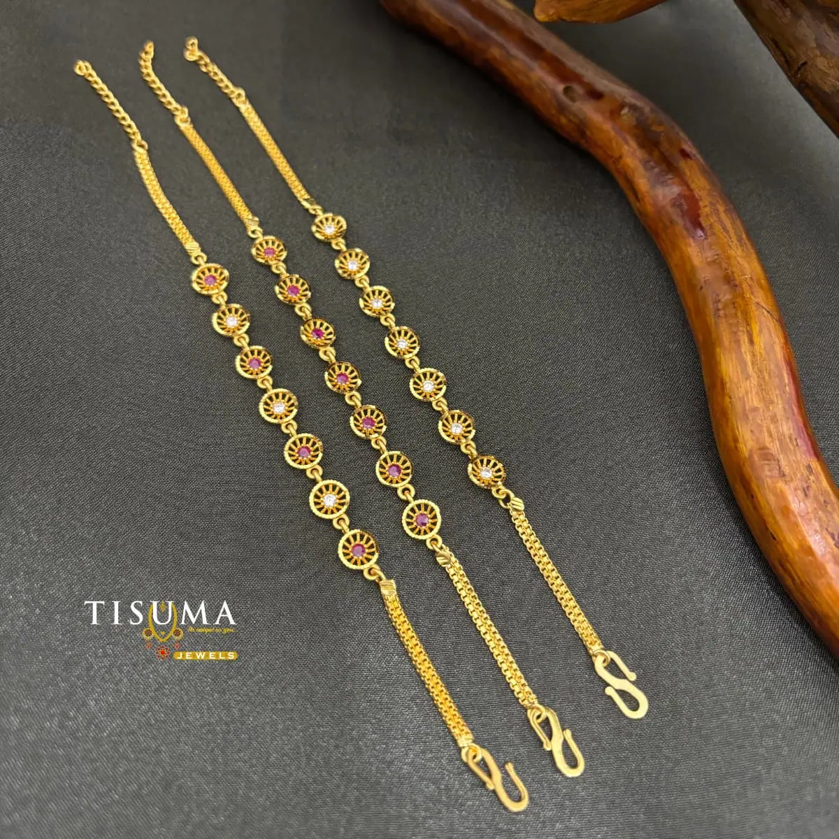 Traditional Gold Plated Circular Chakra Floral Wheel Link Bracelet with Ruby and White Stone Accents for Women